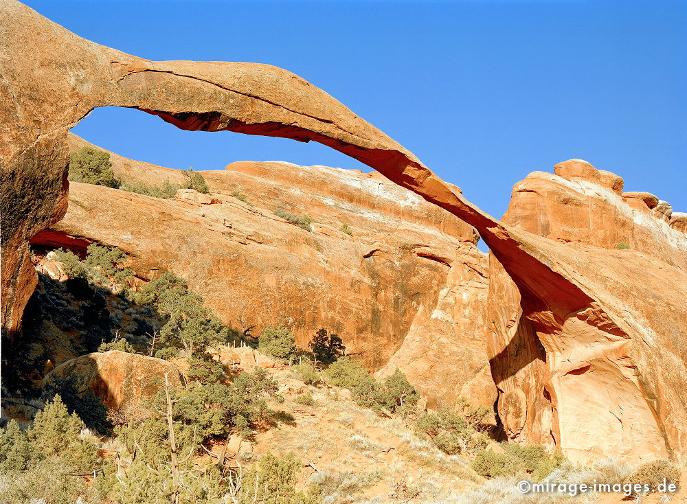 Landscape Arch
Arches NP
Schlüsselwörter: Erdgeschichte, Naturwunder, Schönheit, abgelegen, Abenteuer, Entdecken, Aktivität, Umwelt, Vegetation, kraftvoll, Schöpfung, beeindruckend, traumhaft, hinreißend, rauh, Himmel, blau, Gestein, Sediment, Schichten, Ablagerung, gross,
