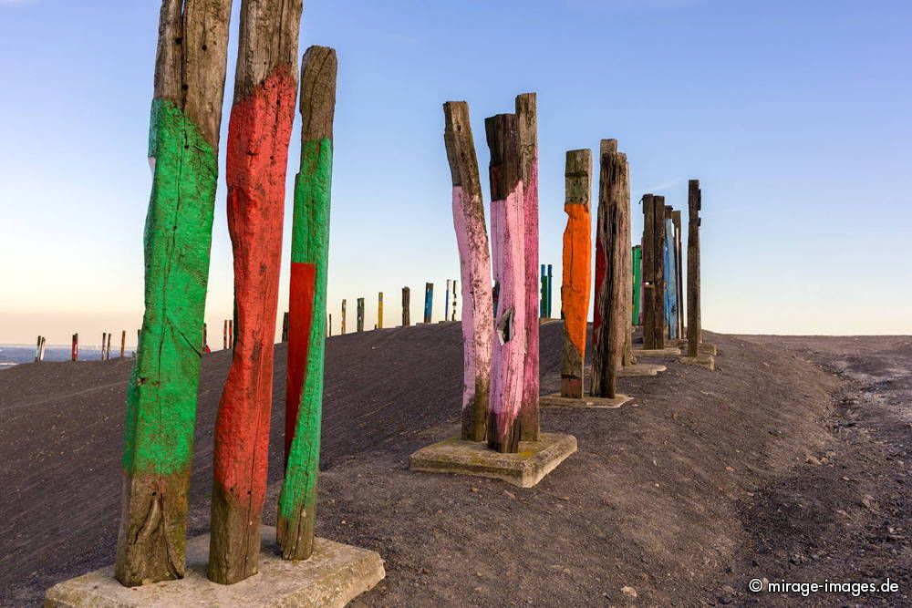 Installation Totems vom baskischen Maler und Bildhauer Agustn Ibarrola - Halde Prosper Haniel 
Oberhausen
Schlüsselwörter: Kunst Halde Bahnschwellen farbig Totem Symbol Industriekultur Ruhrgebiet